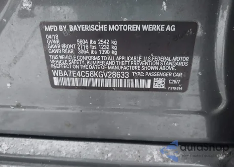 2019 BMW 740I xDrive из США, поврежденный, VIN WBA7E4C56KGV28633